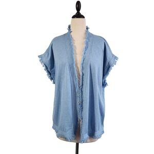 Talbots Cotton Fringed Open Front Cardigan Blue M/L NWT Coastal Lightweight Chic
